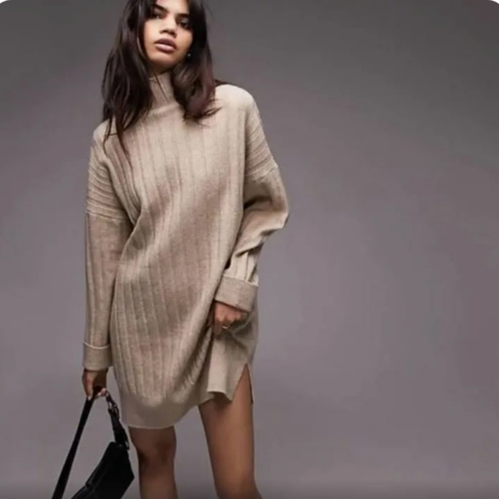 Topshop boxy ribbed funnel neck sweater dress